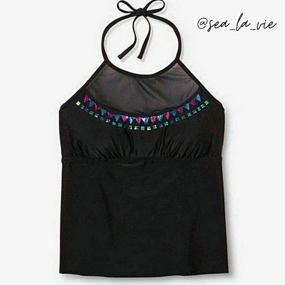 Other - Plus Size Mesh Yoke Sequin Embellished Tankini Top